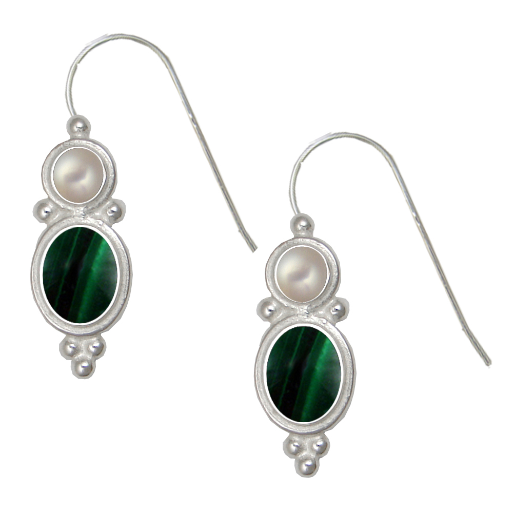 Sterling Silver Drop Dangle Earrings Malachite And Cultured Freshwater Pearl